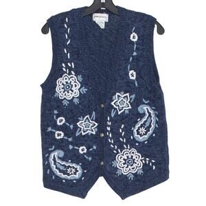 Vintage Sweater Vest Floral Paisley Cottage Dark Academia Boho Farm Blue Large